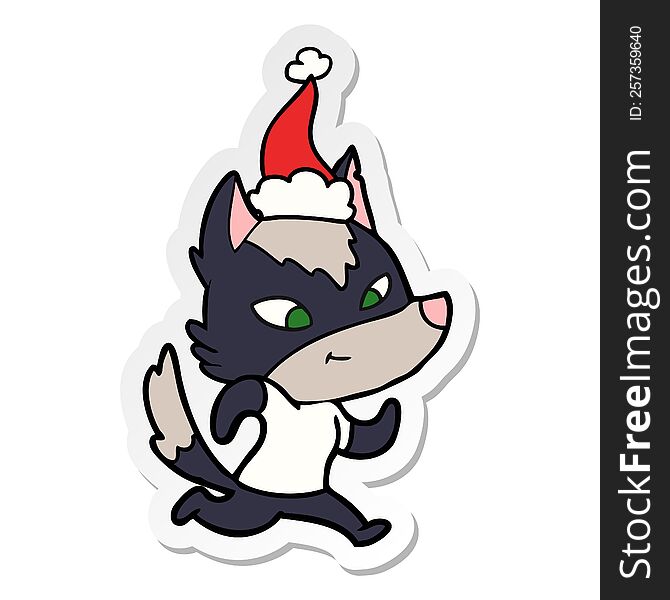 Friendly Sticker Cartoon Of A Wolf Wearing Santa Hat