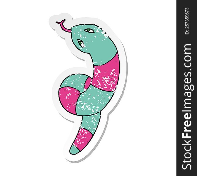 freehand drawn distressed sticker cartoon of a long snake