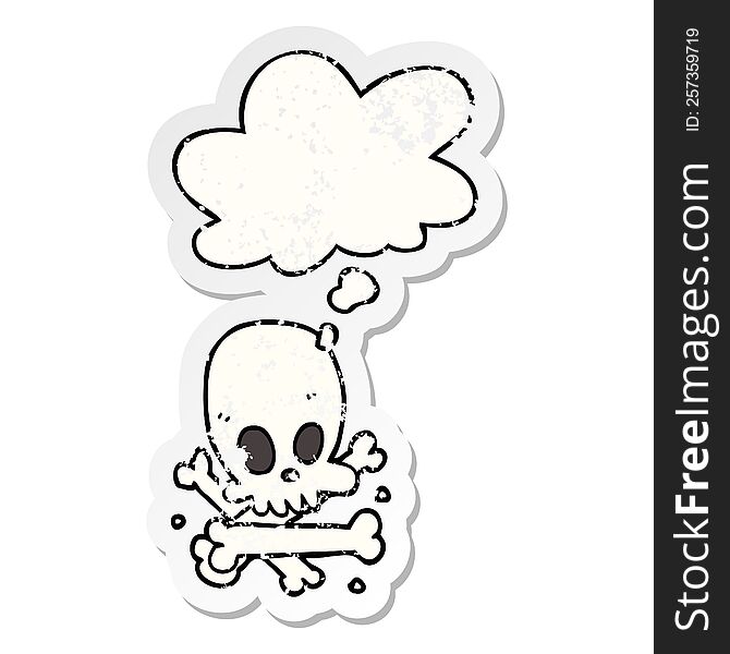 cartoon skull and bones with thought bubble as a distressed worn sticker