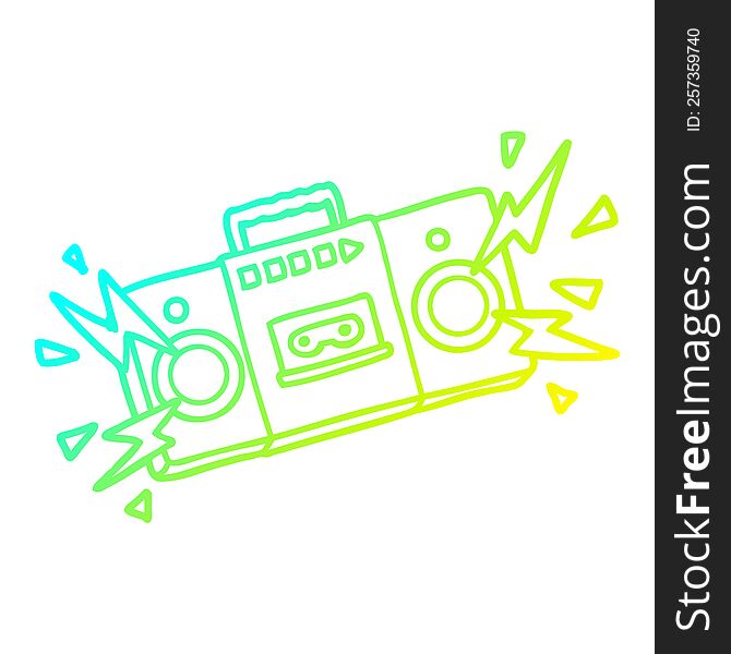 cold gradient line drawing of a retro cartoon tape cassette player blasting out old rock tunes