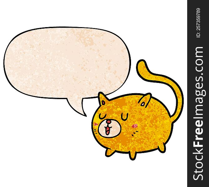Cartoon Happy Cat And Speech Bubble In Retro Texture Style