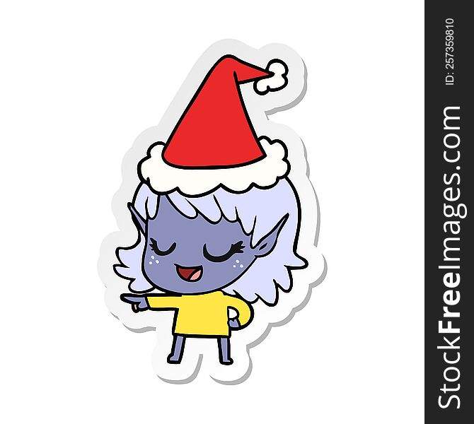 happy hand drawn sticker cartoon of a elf girl pointing wearing santa hat. happy hand drawn sticker cartoon of a elf girl pointing wearing santa hat