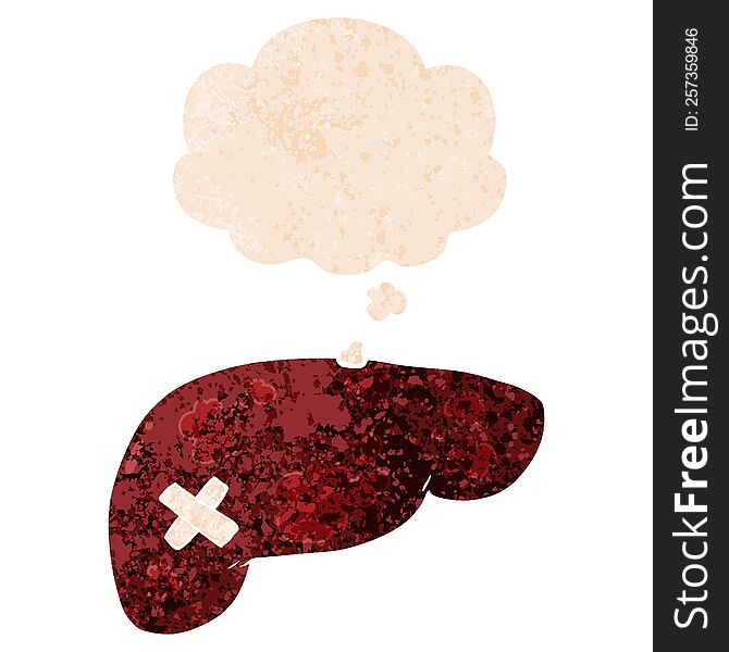 Cartoon Unhealthy Liver And Thought Bubble In Retro Textured Style