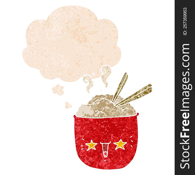Cartoon Rice Bowl With Face And Thought Bubble In Retro Textured Style