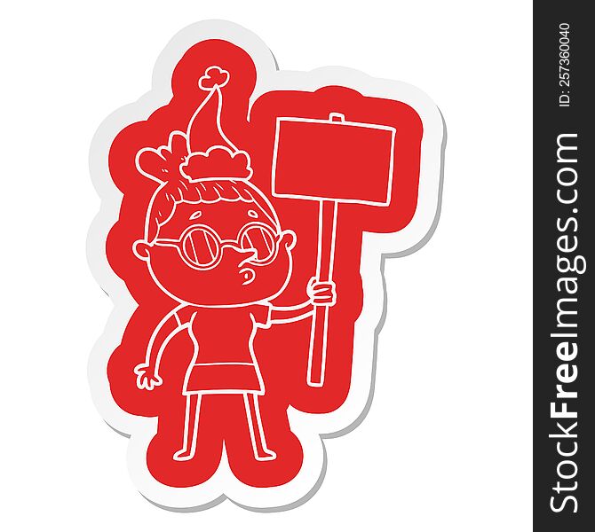 quirky cartoon  sticker of a woman wearing glasses wearing santa hat