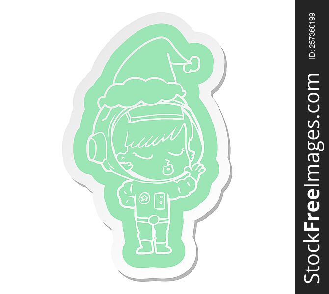 quirky cartoon  sticker of a pretty astronaut girl wearing santa hat