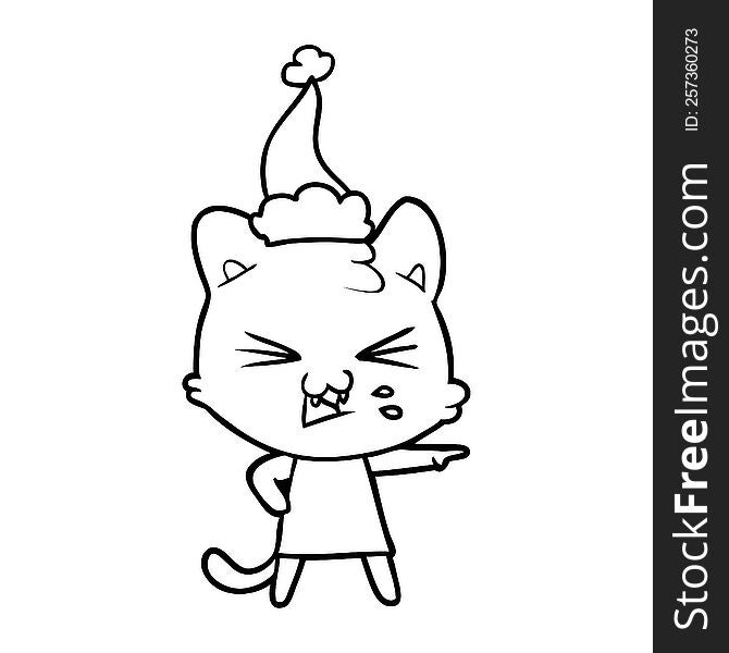 Line Drawing Of A Hissing Cat Wearing Santa Hat