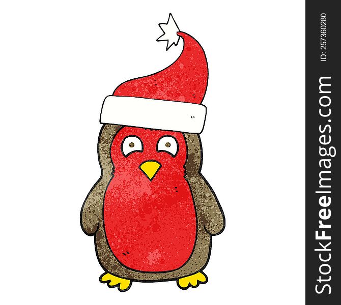 Textured Cartoon Christmas Robin Wearing Santa Hat