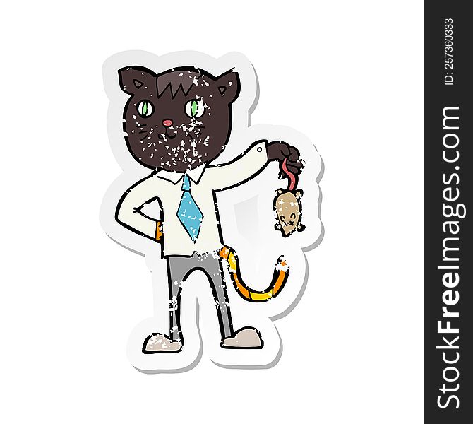 retro distressed sticker of a cartoon business cat with dead mouse