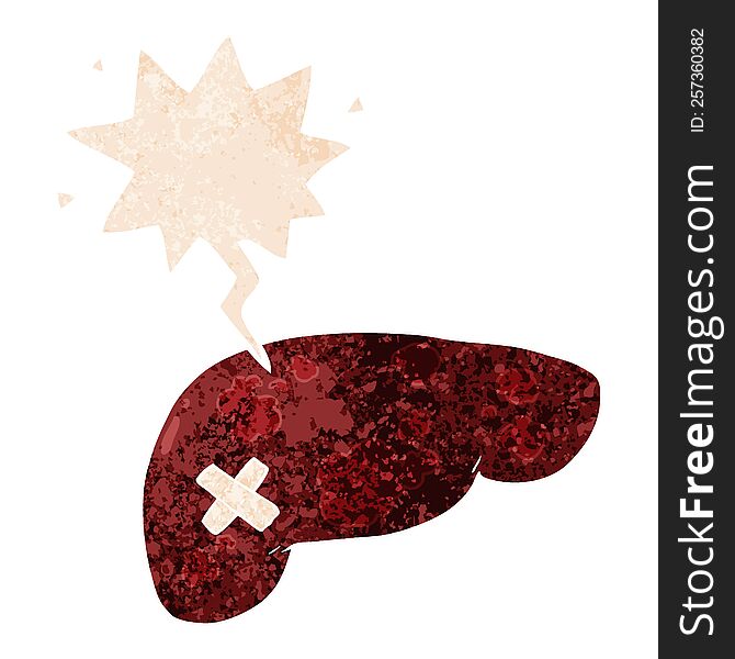 Cartoon Unhealthy Liver And Speech Bubble In Retro Textured Style