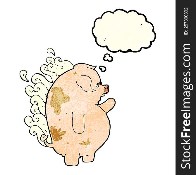 cartoon fat smelly pig with thought bubble