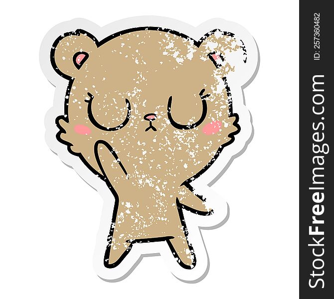 distressed sticker of a peaceful cartoon bear