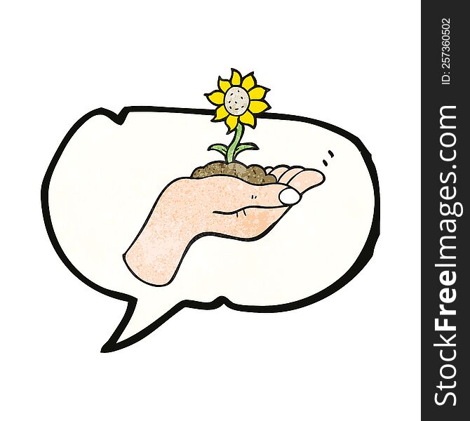 Speech Bubble Textured Cartoon Flower Growing In Palm Of Hand