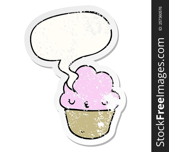 Cartoon Cupcake And Face And Speech Bubble Distressed Sticker