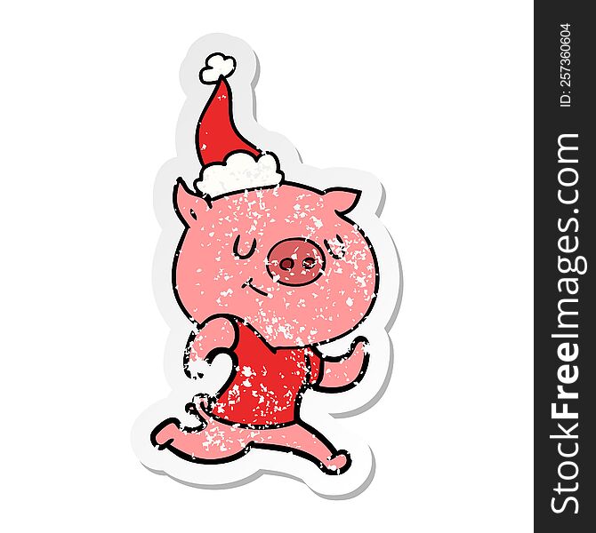 Happy Distressed Sticker Cartoon Of A Pig Running Wearing Santa Hat