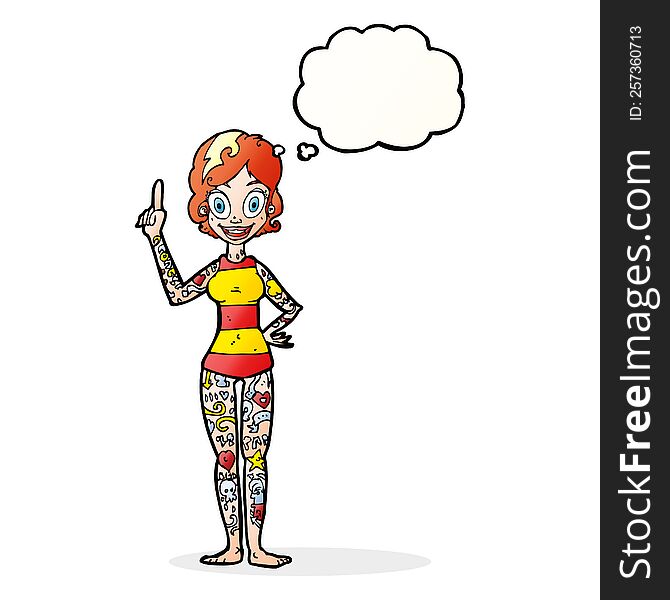 cartoon woman covered in tattoos with thought bubble