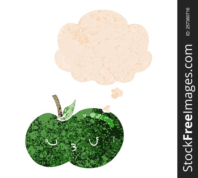 Cartoon Cute Apple And Thought Bubble In Retro Textured Style