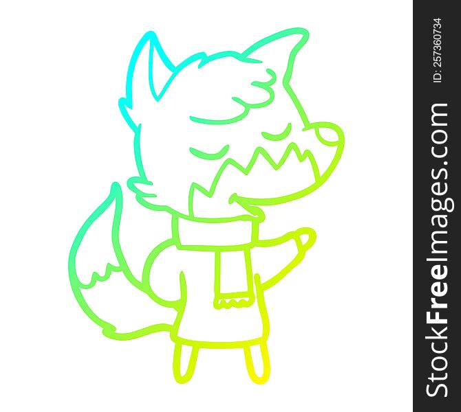 cold gradient line drawing of a friendly cartoon fox in winter clothes