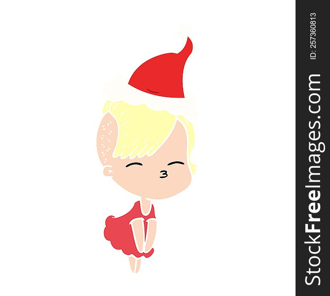 hand drawn flat color illustration of a squinting girl in dress wearing santa hat