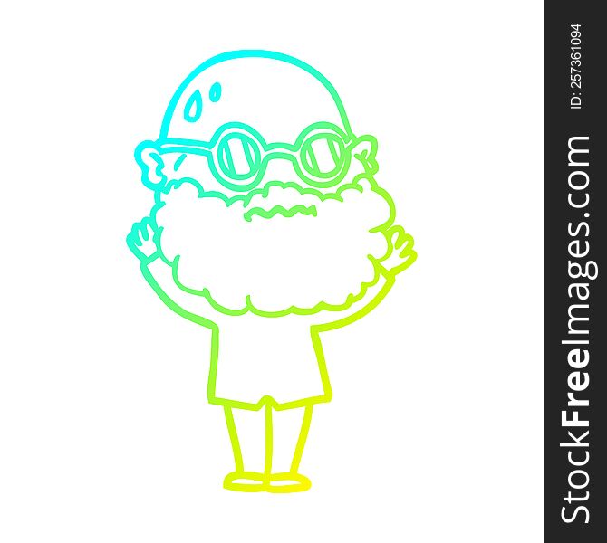 Cold Gradient Line Drawing Cartoon Worried Man With Beard And Spectacles