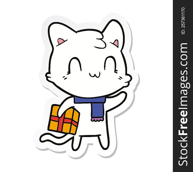 sticker of a cartoon happy cat wearing scarf
