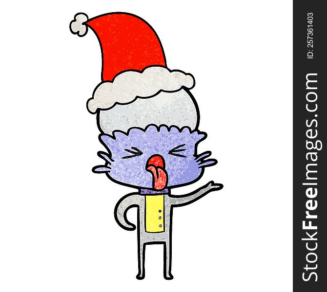 disgusted hand drawn textured cartoon of a alien wearing santa hat. disgusted hand drawn textured cartoon of a alien wearing santa hat
