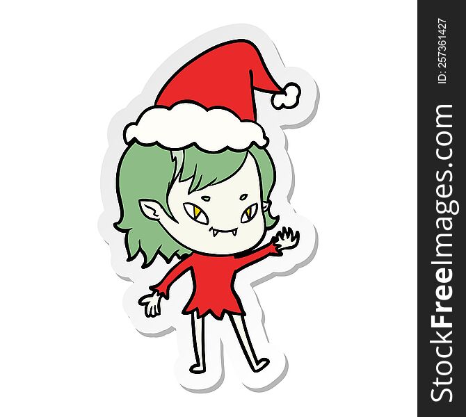 Sticker Cartoon Of A Friendly Vampire Girl Wearing Santa Hat