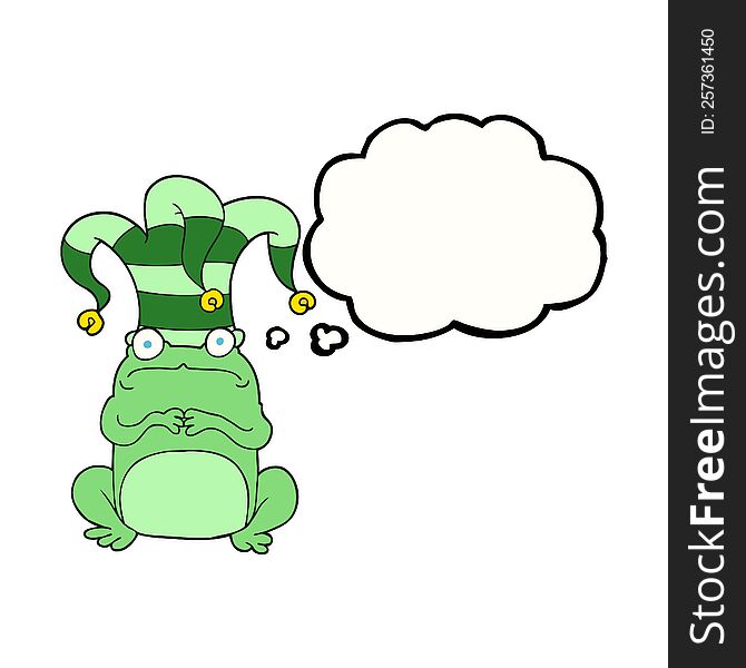 thought bubble cartoon nervous frog wearing jester hat