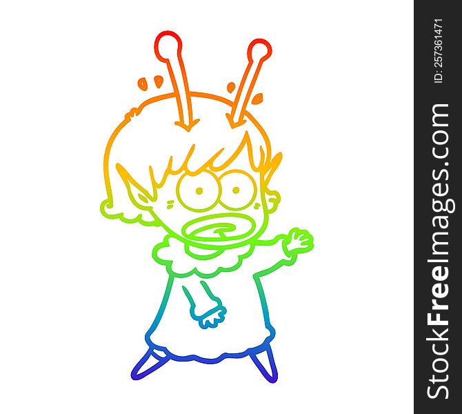 Rainbow Gradient Line Drawing Cartoon Shocked Alien Girl