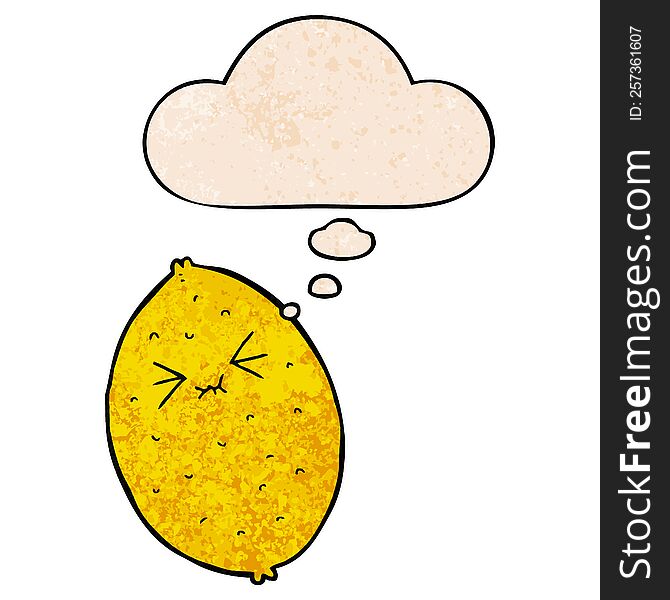 cartoon bitter lemon with thought bubble in grunge texture style. cartoon bitter lemon with thought bubble in grunge texture style
