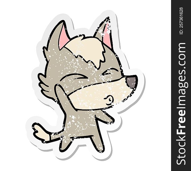 Distressed Sticker Of A Cartoon Waving Wolf Whistling