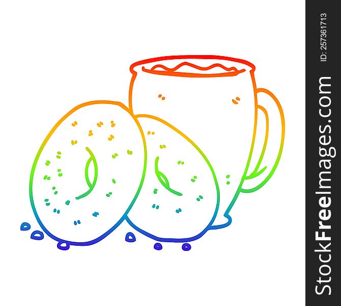 rainbow gradient line drawing of a cartoon coffee and donuts