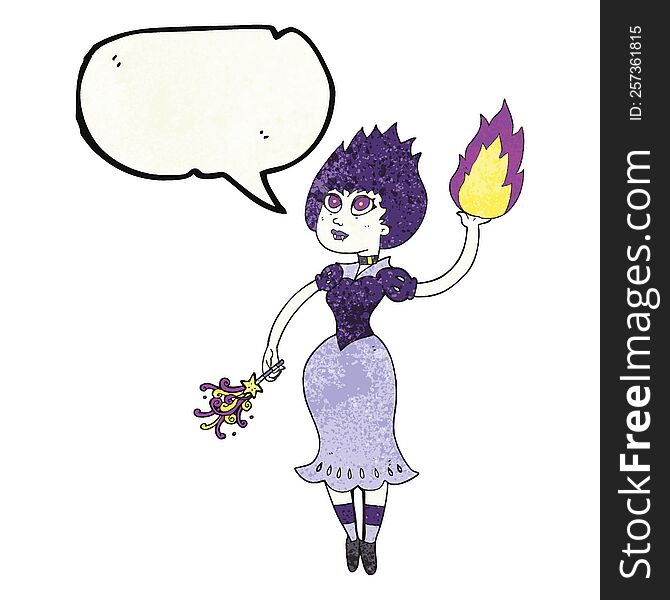 freehand speech bubble textured cartoon vampire girl casting fireball