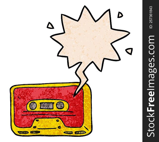 cartoon old tape cassette with speech bubble in retro texture style