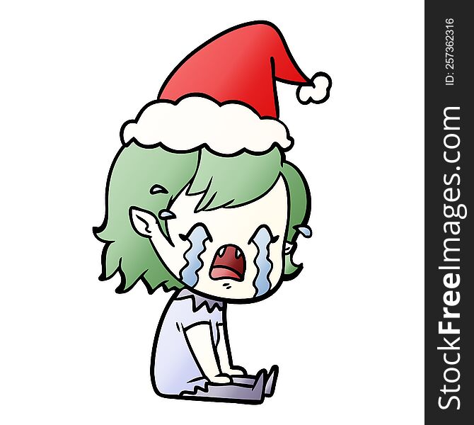 hand drawn gradient cartoon of a crying vampire girl wearing santa hat