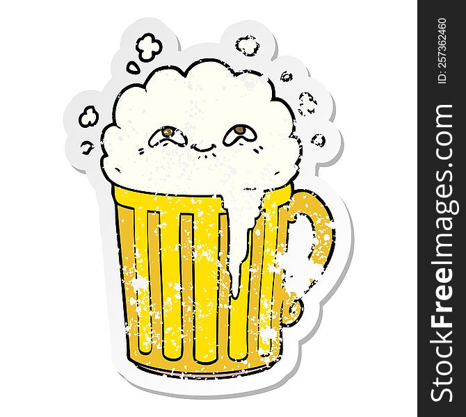 distressed sticker of a happy cartoon mug of beer