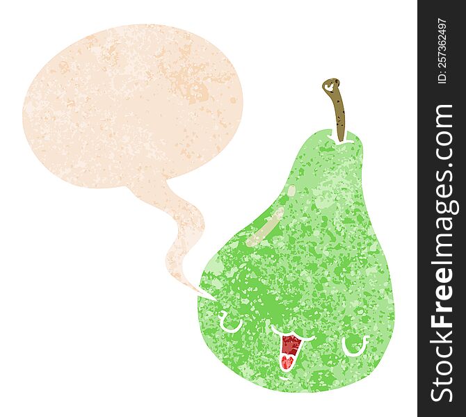 Cartoon Pear And Speech Bubble In Retro Textured Style
