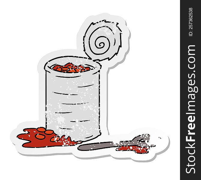 hand drawn distressed sticker cartoon doodle of an opened can of beans