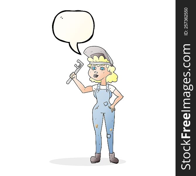 freehand drawn speech bubble cartoon capable woman with wrench