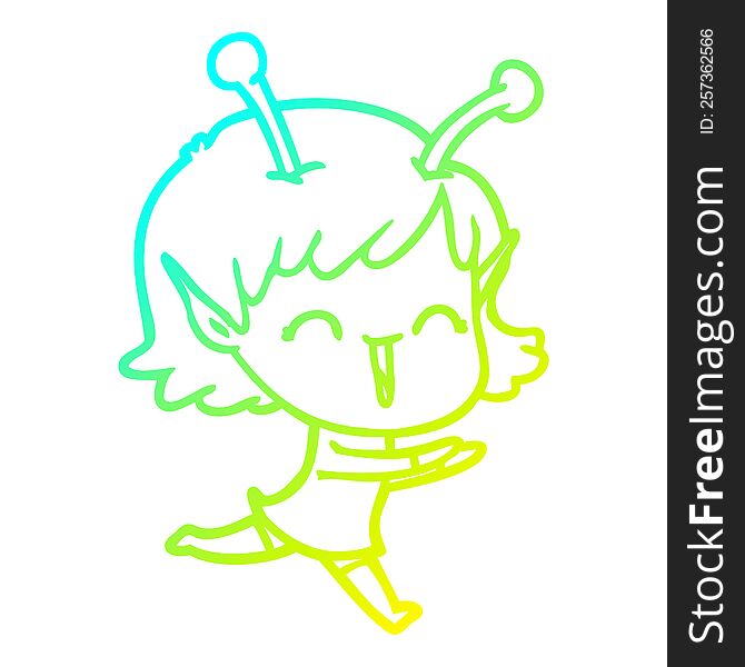 cold gradient line drawing of a cartoon alien girl laughing