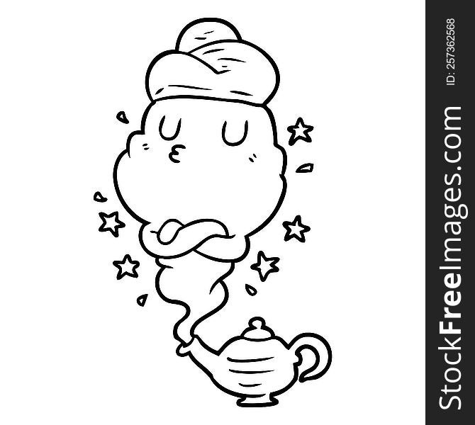 cute line drawing of a genie rising out of lamp. cute line drawing of a genie rising out of lamp