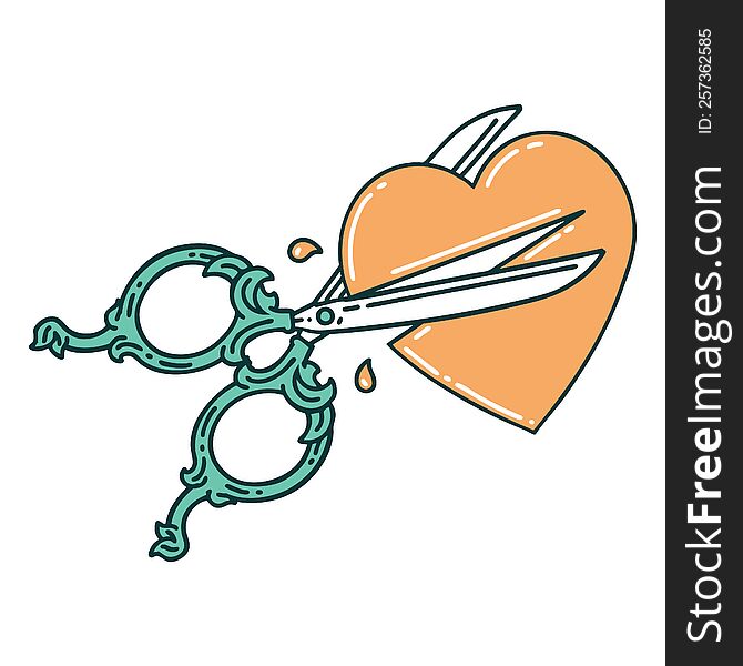 iconic tattoo style image of scissors cutting a heart. iconic tattoo style image of scissors cutting a heart