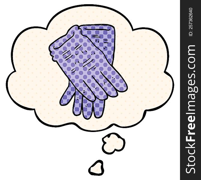 cartoon garden work gloves with thought bubble in comic book style