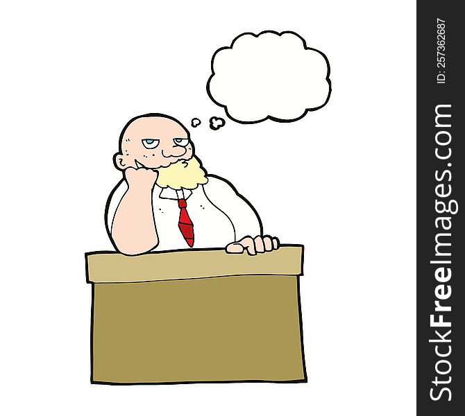 cartoon bored man at desk with thought bubble