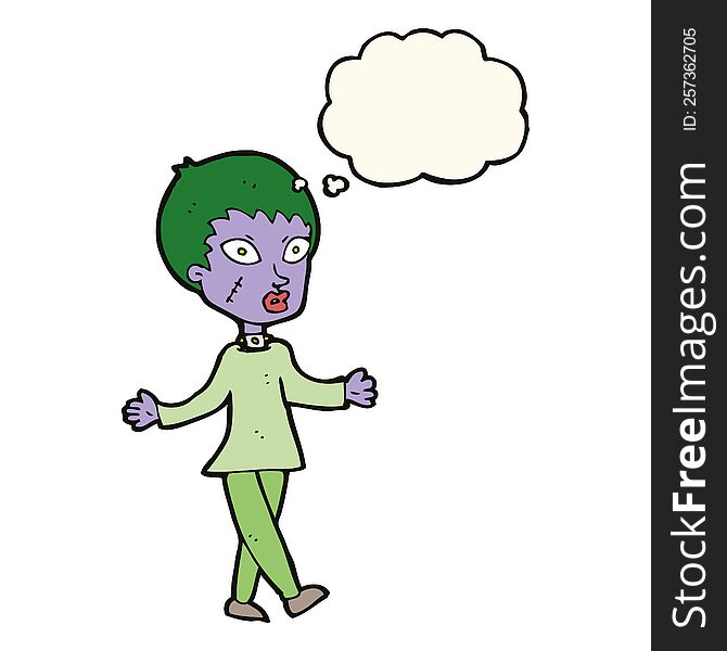 cartoon halloween zombie woman with thought bubble