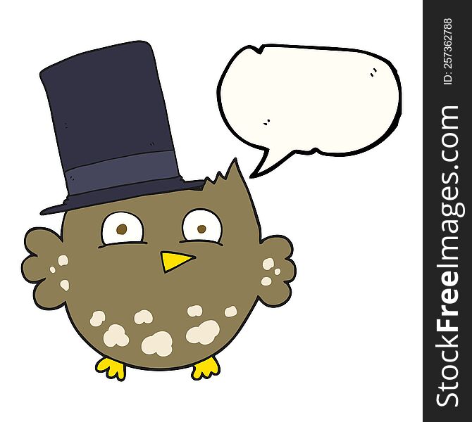 freehand drawn speech bubble cartoon little owl with top hat
