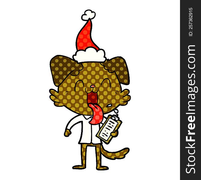 hand drawn comic book style illustration of a panting dog with clipboard wearing santa hat