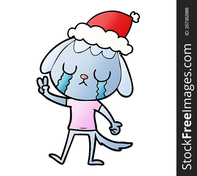 Cute Gradient Cartoon Of A Dog Crying Wearing Santa Hat