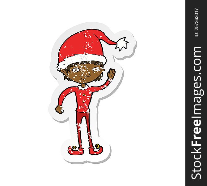 retro distressed sticker of a cartoon waving christmas elf