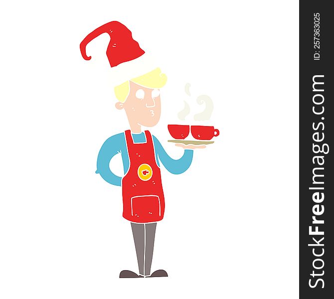 Flat Color Illustration Of A Cartoon Barista Serving Coffee At Christmas